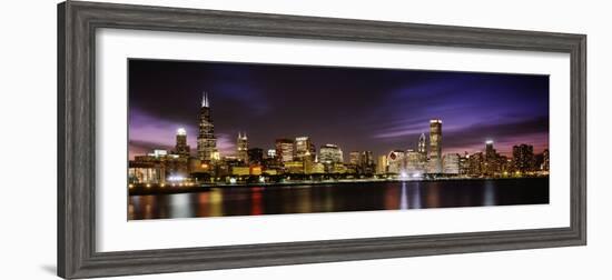 Buildings at the Waterfront Lit Up at Night, Sears Tower, Lake Michigan, Chicago, Illinois, USA--Framed Photographic Print