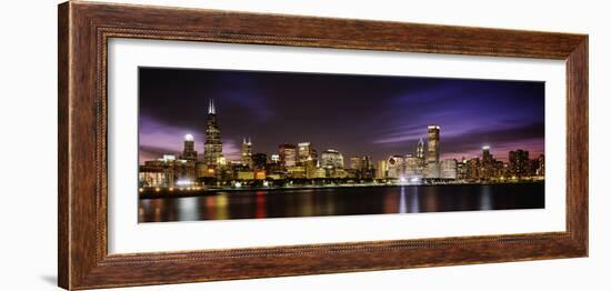 Buildings at the Waterfront Lit Up at Night, Sears Tower, Lake Michigan, Chicago, Illinois, USA--Framed Photographic Print