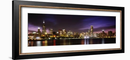 Buildings at the Waterfront Lit Up at Night, Sears Tower, Lake Michigan, Chicago, Illinois, USA-null-Framed Photographic Print