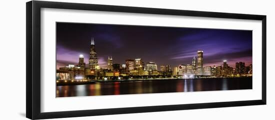 Buildings at the Waterfront Lit Up at Night, Sears Tower, Lake Michigan, Chicago, Illinois, USA-null-Framed Photographic Print