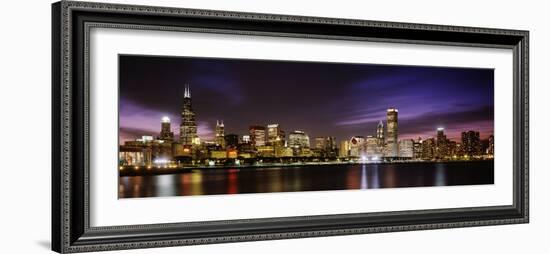 Buildings at the Waterfront Lit Up at Night, Sears Tower, Lake Michigan, Chicago, Illinois, USA--Framed Photographic Print