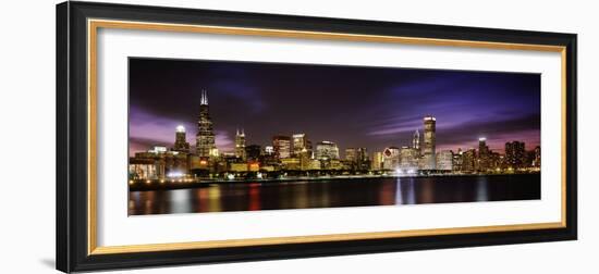 Buildings at the Waterfront Lit Up at Night, Sears Tower, Lake Michigan, Chicago, Illinois, USA--Framed Photographic Print