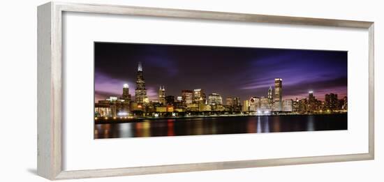 Buildings at the Waterfront Lit Up at Night, Sears Tower, Lake Michigan, Chicago, Illinois, USA-null-Framed Photographic Print