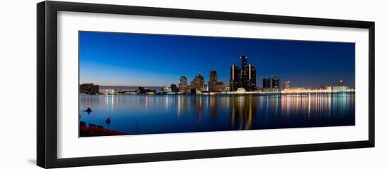 Buildings in a City Lit Up at Dusk, Detroit River, Detroit, Michigan, USA-null-Framed Photographic Print