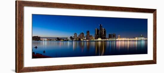 Buildings in a City Lit Up at Dusk, Detroit River, Detroit, Michigan, USA-null-Framed Photographic Print