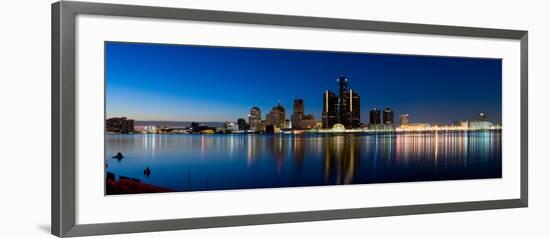 Buildings in a City Lit Up at Dusk, Detroit River, Detroit, Michigan, USA-null-Framed Photographic Print