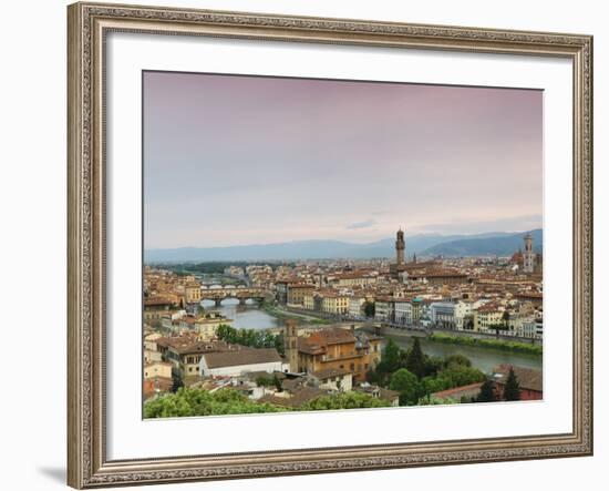 Buildings in a City, Ponte Vecchio, Arno River, Duomo Santa Maria Del Fiore, Florence, Tuscany, ...-null-Framed Photographic Print