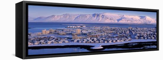 Buildings in a City with a Mountain in the Background, Mt Esja, Reykjavik, Iceland-null-Framed Premier Image Canvas