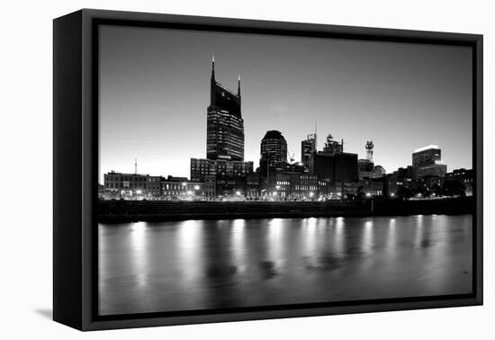 Buildings lit up at dusk at the waterfront, Cumberland River, Bell South Tower, Nashville, Tenne...-null-Framed Premier Image Canvas