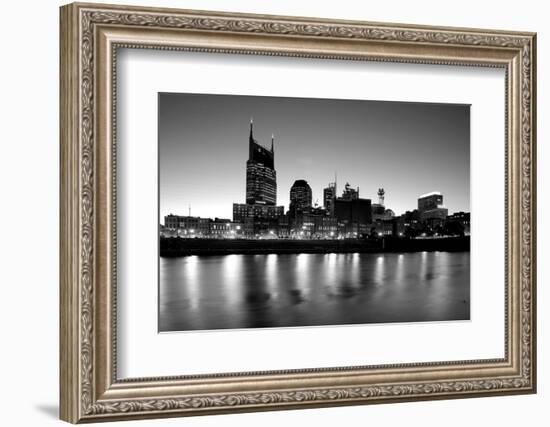 Buildings lit up at dusk at the waterfront, Cumberland River, Bell South Tower, Nashville, Tenne...-null-Framed Photographic Print