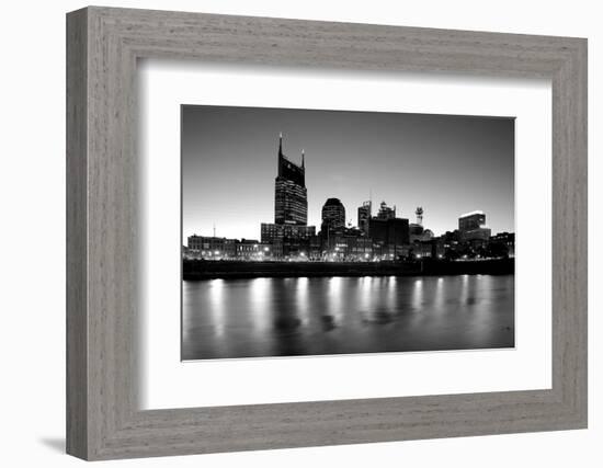 Buildings lit up at dusk at the waterfront, Cumberland River, Bell South Tower, Nashville, Tenne...-null-Framed Photographic Print