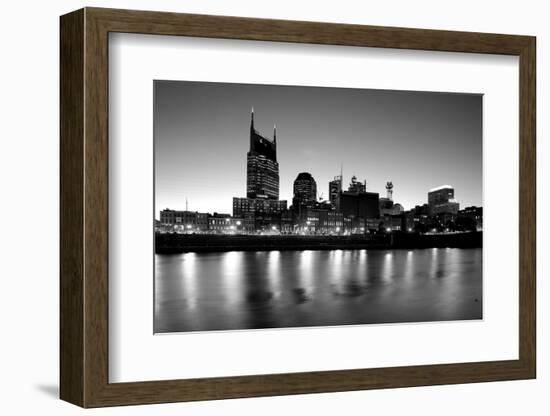 Buildings lit up at dusk at the waterfront, Cumberland River, Bell South Tower, Nashville, Tenne...-null-Framed Photographic Print