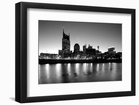 Buildings lit up at dusk at the waterfront, Cumberland River, Bell South Tower, Nashville, Tenne...-null-Framed Photographic Print