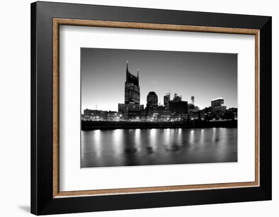 Buildings lit up at dusk at the waterfront, Cumberland River, Bell South Tower, Nashville, Tenne...-null-Framed Photographic Print