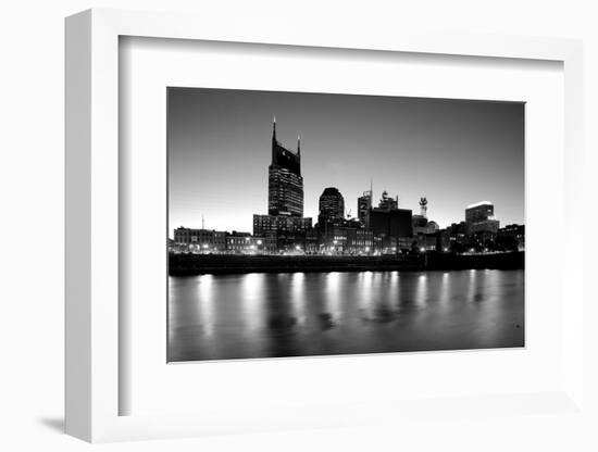 Buildings lit up at dusk at the waterfront, Cumberland River, Bell South Tower, Nashville, Tenne...-null-Framed Photographic Print