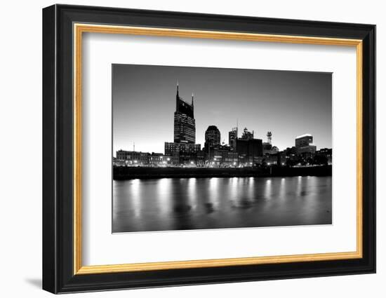 Buildings lit up at dusk at the waterfront, Cumberland River, Bell South Tower, Nashville, Tenne...-null-Framed Photographic Print