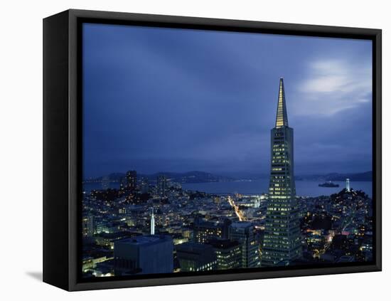 Buildings Lit Up at Dusk, Transamerica Pyramid, Coit Tower, San Francisco, California, USA-null-Framed Premier Image Canvas