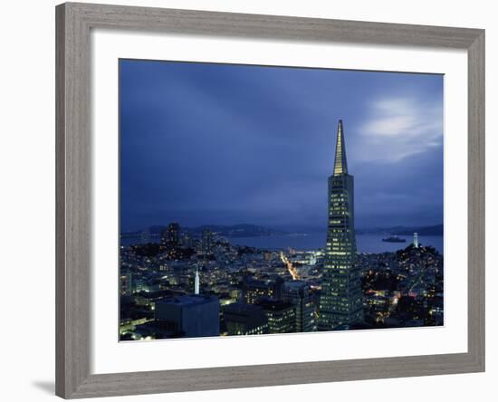 Buildings Lit Up at Dusk, Transamerica Pyramid, Coit Tower, San Francisco, California, USA-null-Framed Photographic Print