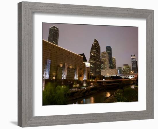 Buildings Lit Up at Dusk, Wortham Theater Center, Houston, Texas, USA-null-Framed Photographic Print