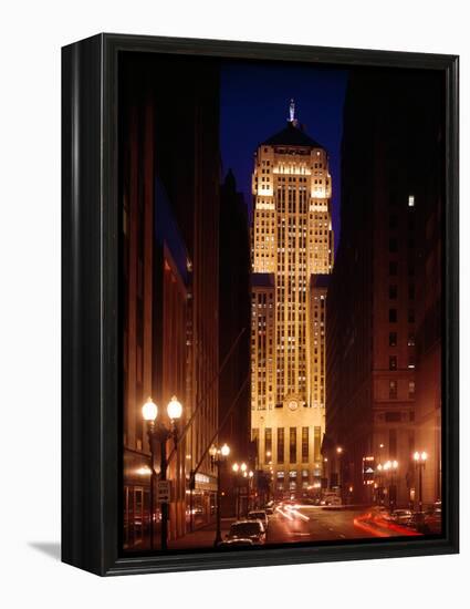 Buildings Lit Up at Night, Chicago Board of Trade Building, Lasalle Street, Chicago, Cook County-null-Framed Premier Image Canvas