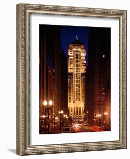 Buildings Lit Up at Night, Chicago Board of Trade Building, Lasalle Street, Chicago, Cook County-null-Framed Photographic Print