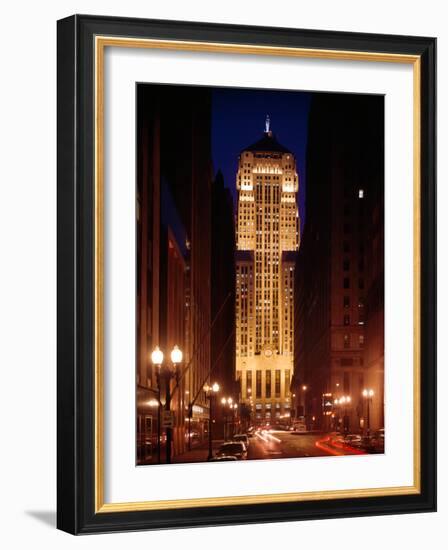 Buildings Lit Up at Night, Chicago Board of Trade Building, Lasalle Street, Chicago, Cook County-null-Framed Photographic Print