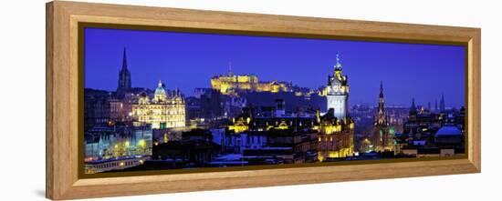 Buildings Lit Up at Night with a Castle in the Background, Edinburgh Castle, Edinburgh, Scotland-null-Framed Premier Image Canvas