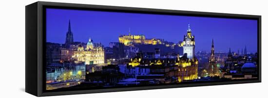 Buildings Lit Up at Night with a Castle in the Background, Edinburgh Castle, Edinburgh, Scotland-null-Framed Premier Image Canvas