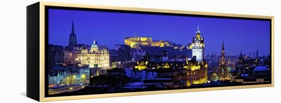 Buildings Lit Up at Night with a Castle in the Background, Edinburgh Castle, Edinburgh, Scotland-null-Framed Premier Image Canvas