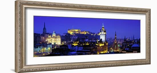 Buildings Lit Up at Night with a Castle in the Background, Edinburgh Castle, Edinburgh, Scotland--Framed Photographic Print