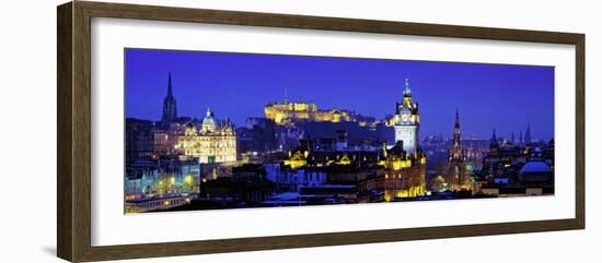 Buildings Lit Up at Night with a Castle in the Background, Edinburgh Castle, Edinburgh, Scotland-null-Framed Photographic Print