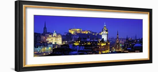 Buildings Lit Up at Night with a Castle in the Background, Edinburgh Castle, Edinburgh, Scotland-null-Framed Photographic Print