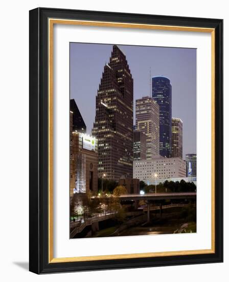 Buildings Lit Up at Night, Wortham Theater Center, Houston, Texas, USA-null-Framed Photographic Print