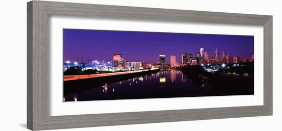 Buildings Lit Up at the Waterfront, Philadelphia, Schuylkill River, Pennsylvania, USA 2012-null-Framed Photographic Print