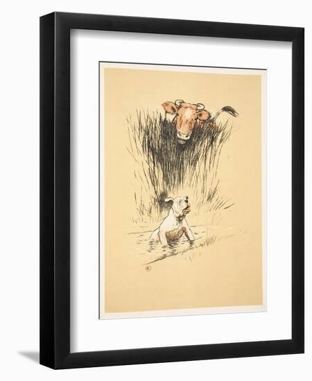 Bull and Dog in Field (Colour Litho)-Cecil Aldin-Framed Giclee Print