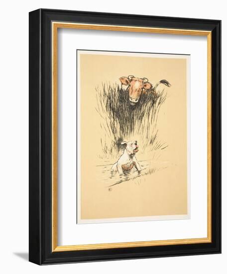 Bull and Dog in Field (Colour Litho)-Cecil Aldin-Framed Giclee Print