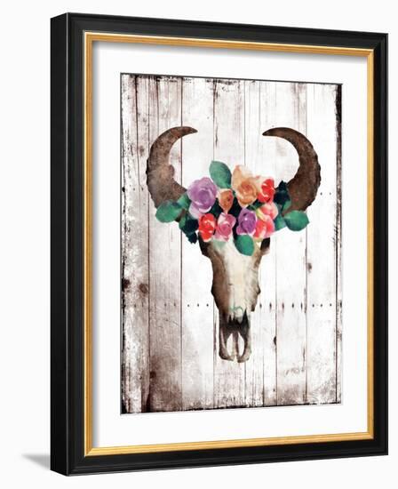 Bull Floral Crown-Jace Grey-Framed Art Print