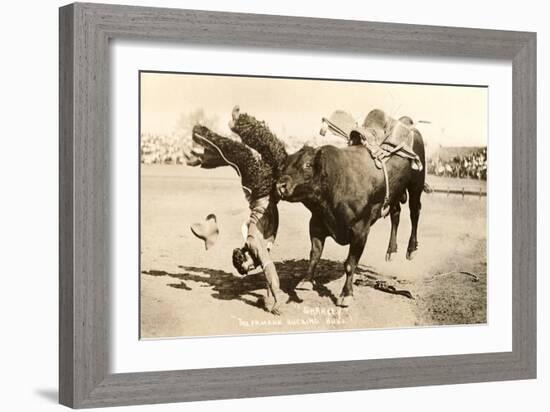 Bull Throwing Rodeo Rider-null-Framed Art Print