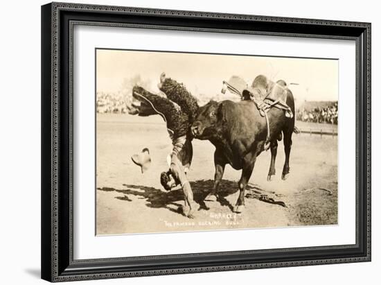 Bull Throwing Rodeo Rider-null-Framed Art Print