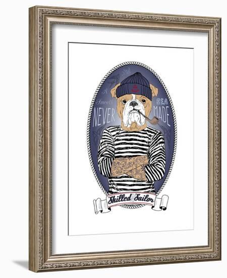 Bulldog Sailor with Tattoo-Olga Angellos-Framed Art Print