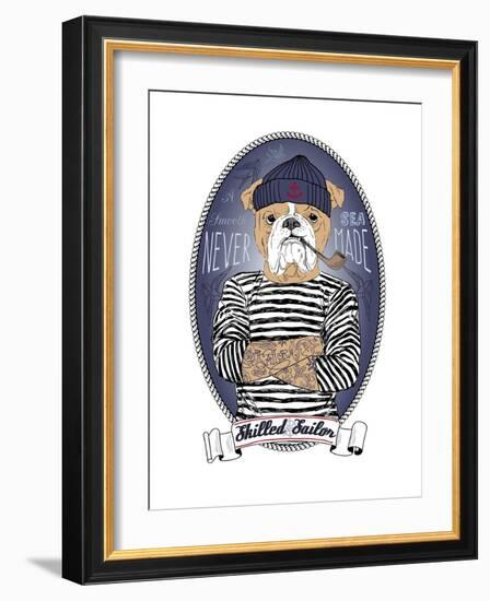 Bulldog Sailor with Tattoo-Olga Angellos-Framed Art Print