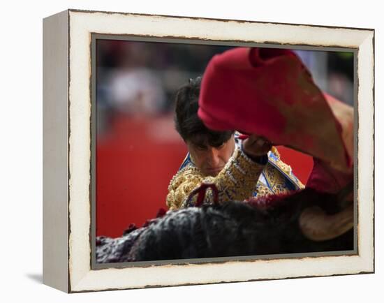 Bullfighte Performs During a Bullfight at the Monumental Bullring in Barcelona-null-Framed Premier Image Canvas