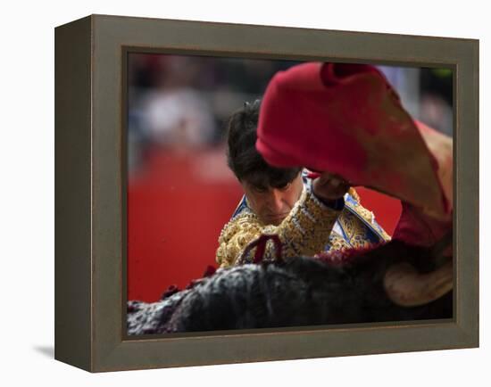 Bullfighte Performs During a Bullfight at the Monumental Bullring in Barcelona-null-Framed Premier Image Canvas