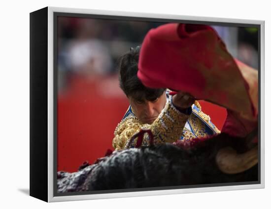 Bullfighte Performs During a Bullfight at the Monumental Bullring in Barcelona-null-Framed Premier Image Canvas