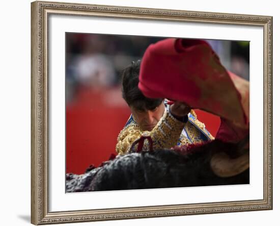 Bullfighte Performs During a Bullfight at the Monumental Bullring in Barcelona-null-Framed Photographic Print