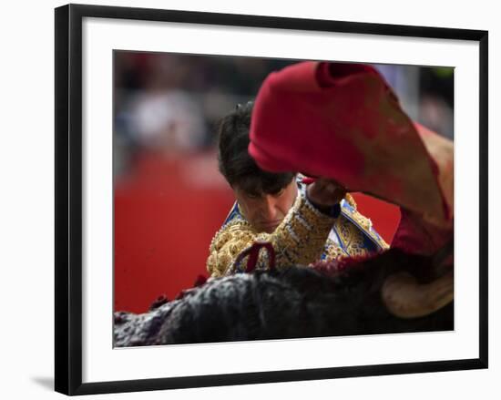 Bullfighte Performs During a Bullfight at the Monumental Bullring in Barcelona-null-Framed Photographic Print