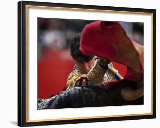 Bullfighte Performs During a Bullfight at the Monumental Bullring in Barcelona-null-Framed Photographic Print