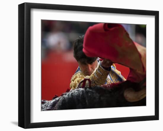 Bullfighte Performs During a Bullfight at the Monumental Bullring in Barcelona-null-Framed Photographic Print