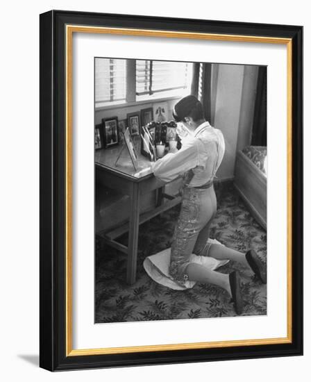 Bullfighter Rafael Rodrigues Saying a Prayer Before His Fight-Joe Scherschel-Framed Photographic Print