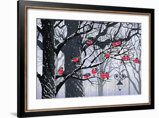 Bullfinches on Trees in Winter City-Milovelen-Framed Art Print